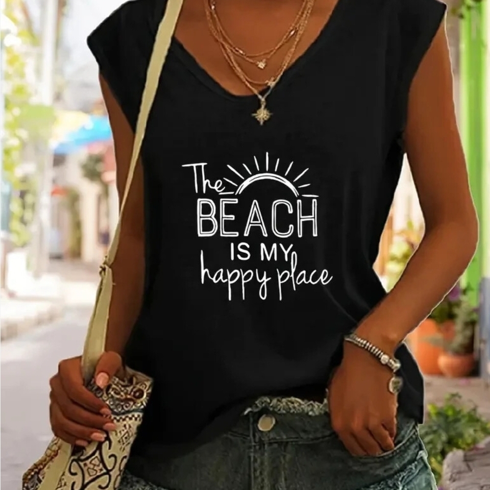SHEIN Black Graphic 'The Beach Is My Happy Place' Women's Tank
